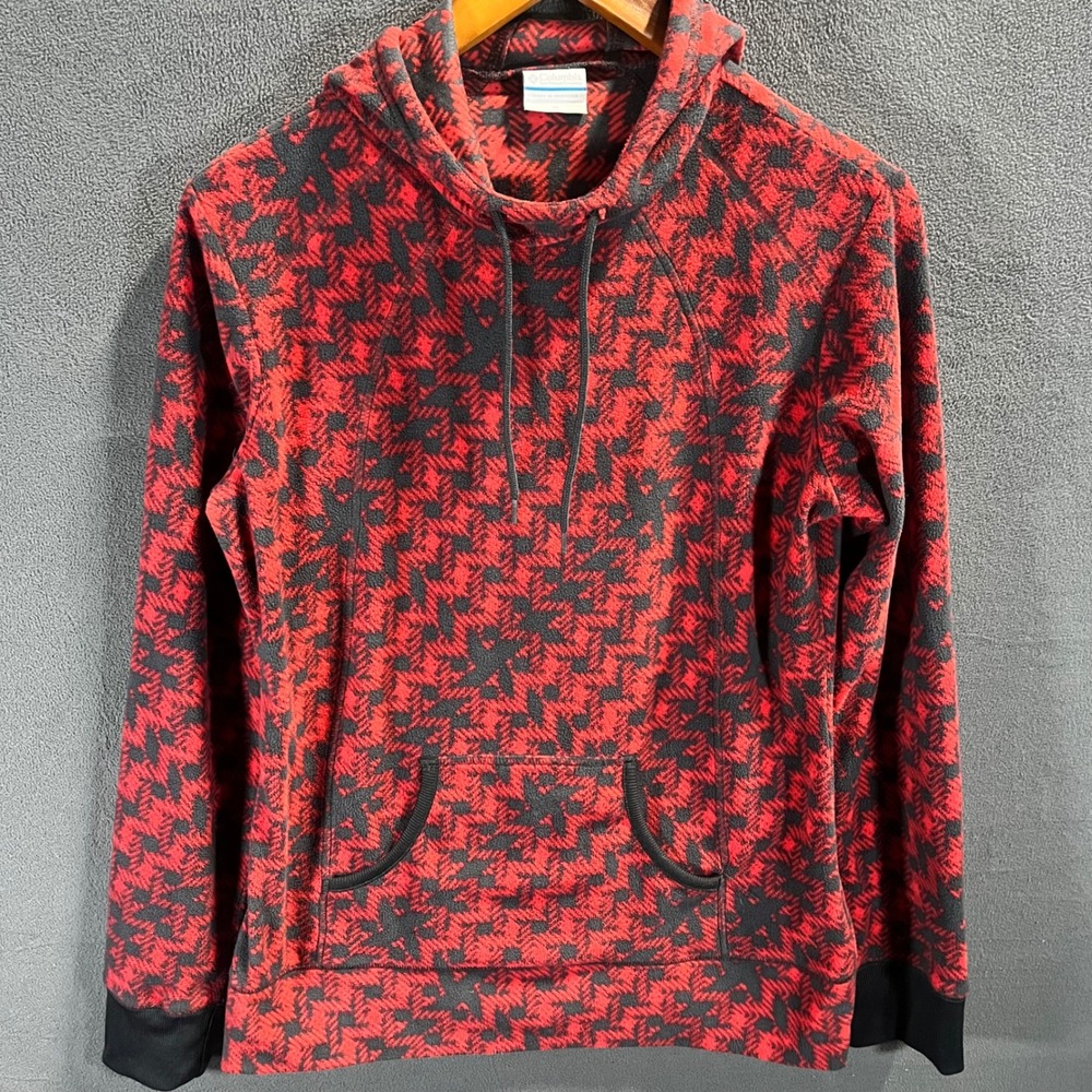 Columbia Womens Red Black Fleece Hoodie Geometric Pullover M